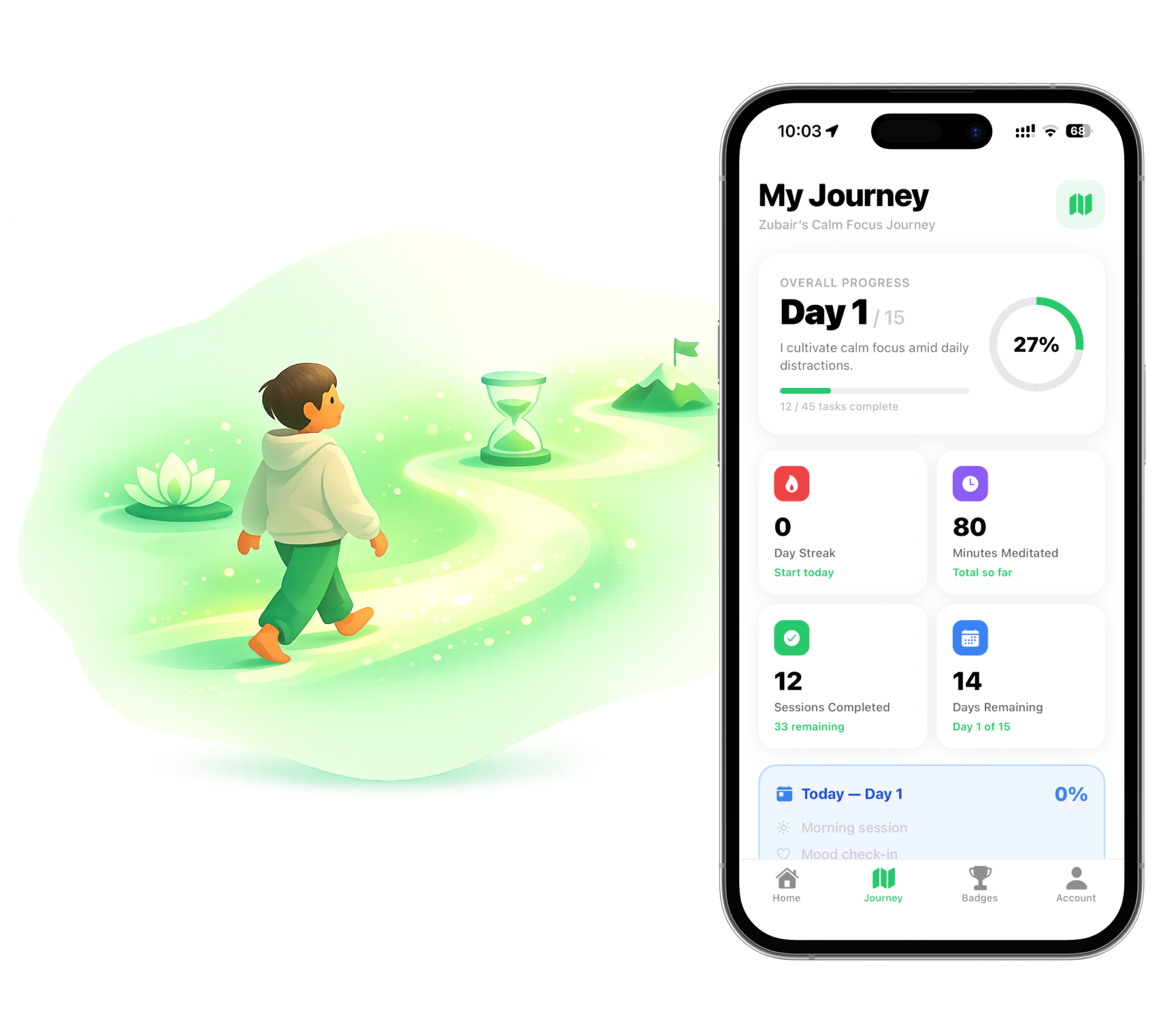 RelaxFrens journey tracking - meditation streaks and sleep improvement progress